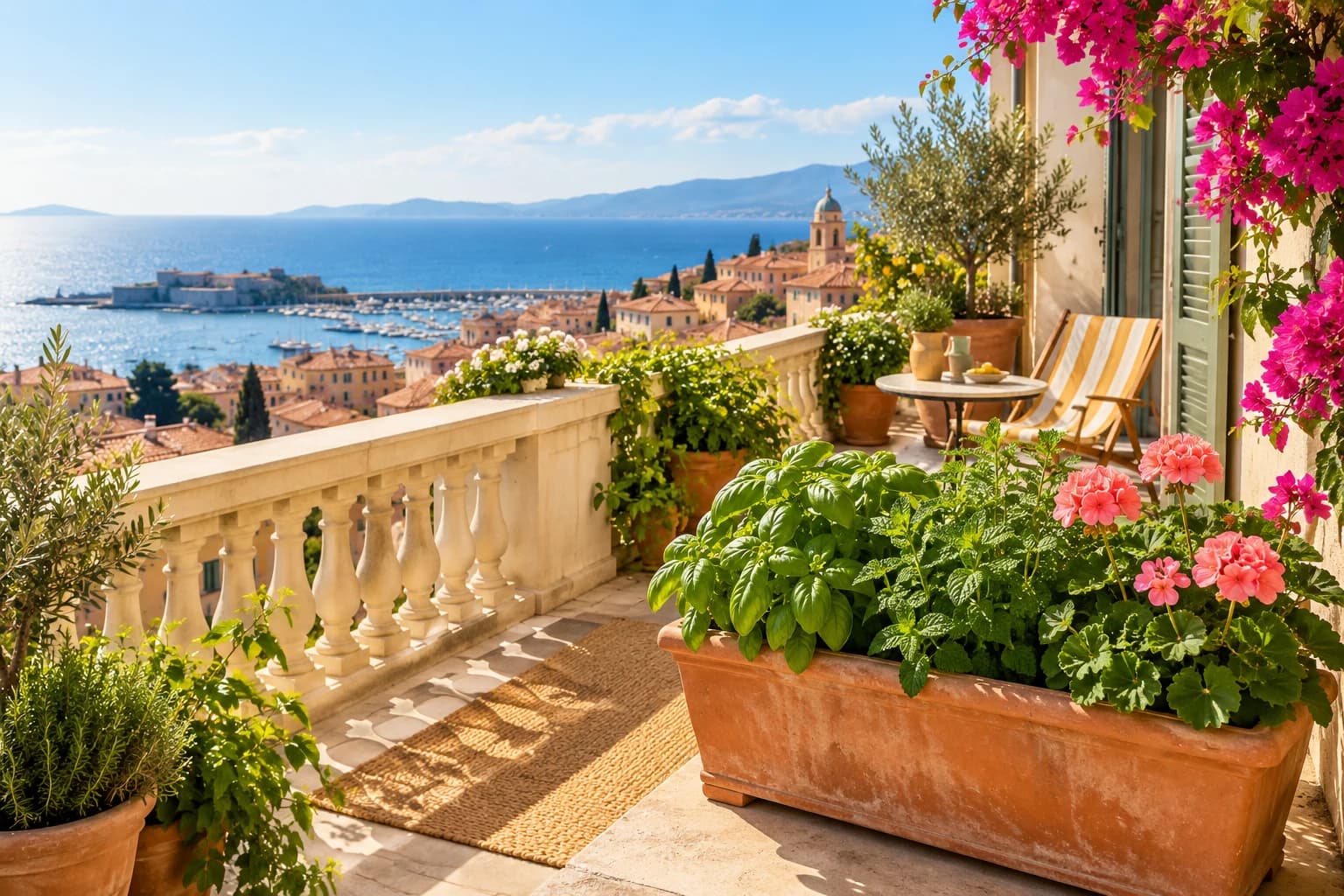 Sunlit balcony with a terracotta planter of herbs and pink flowers overlooking the sea
