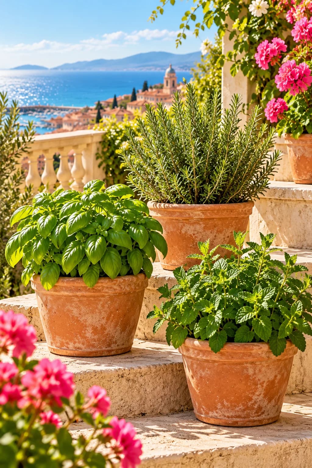 Basil, rosemary, and mint in individual terracotta pots