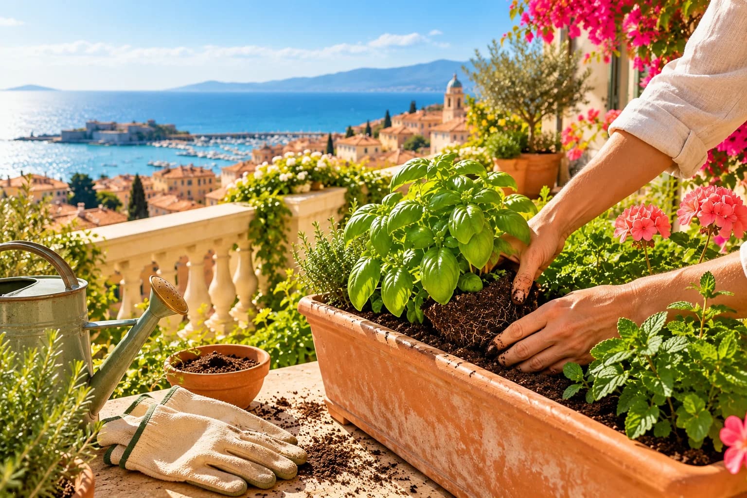 Hands planting basil in a terracotta balcony planter