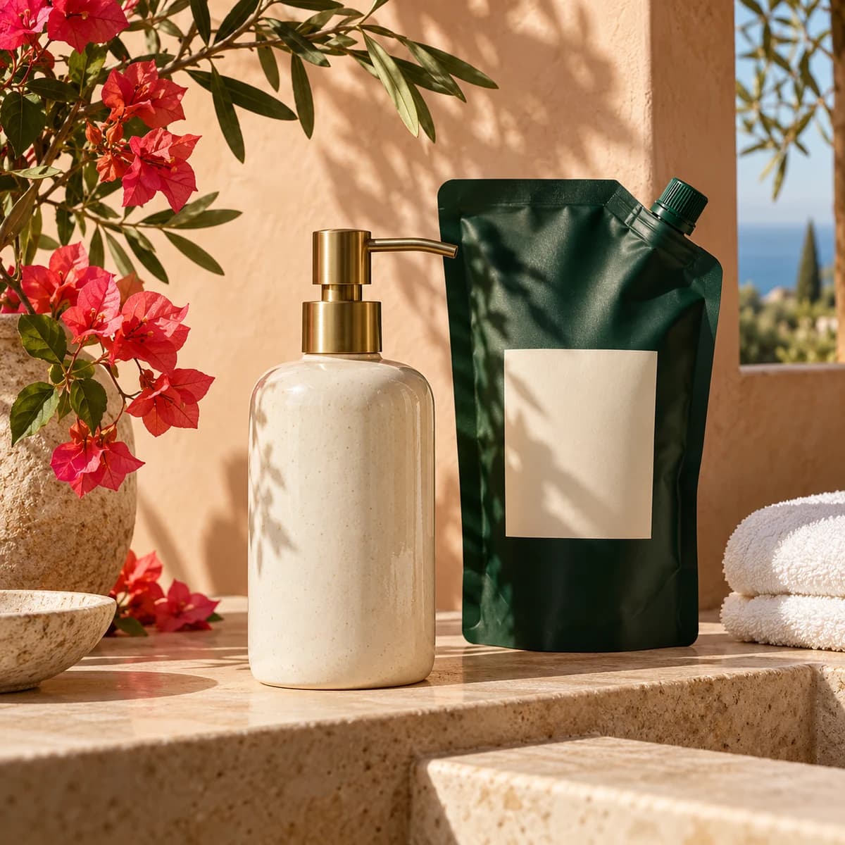 Ivory ceramic hand-wash dispenser and a green refill pouch on a sunlit stone bathroom shelf.