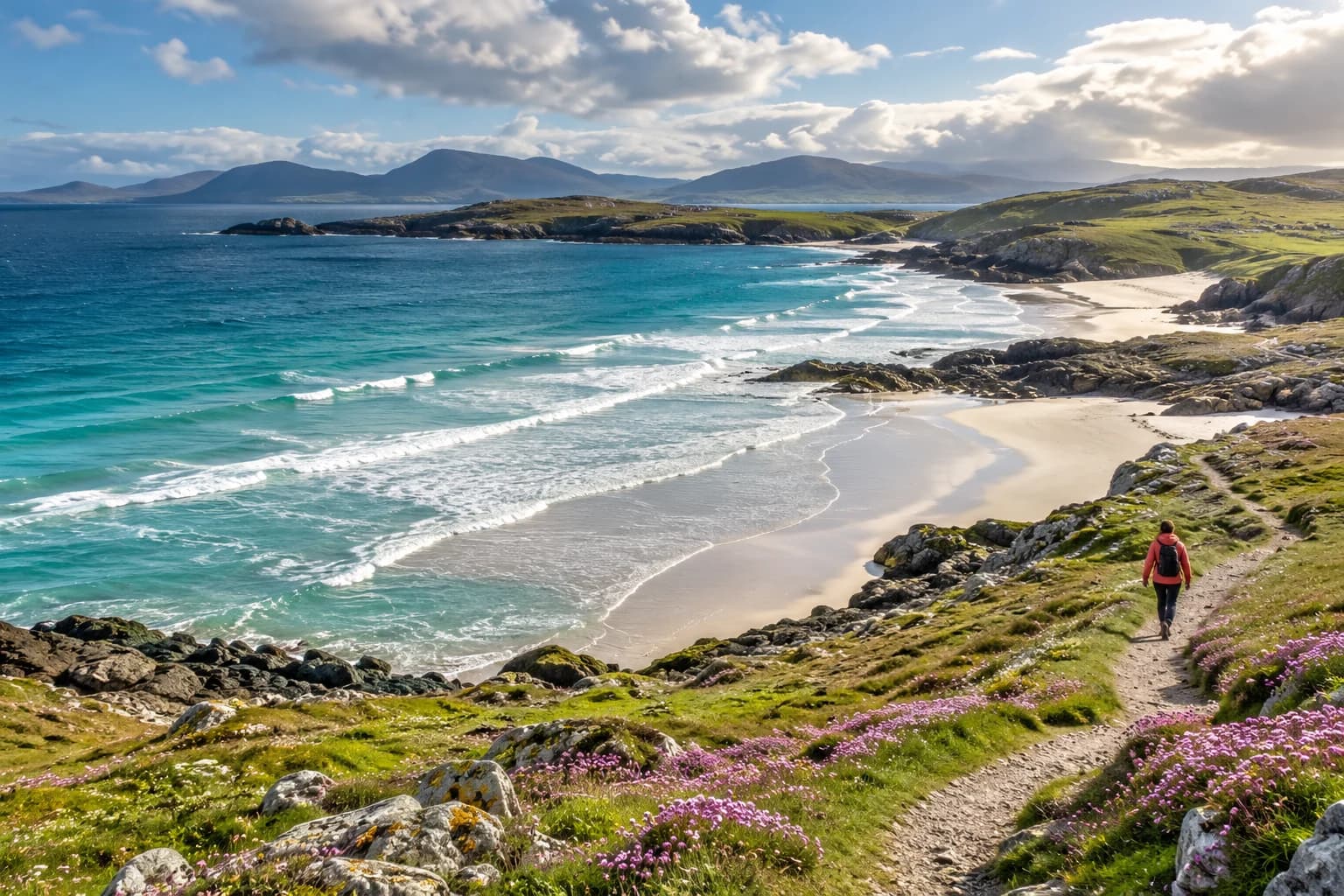 A coral-jacketed walker on a coastal path above turquoise water and a white sand beach