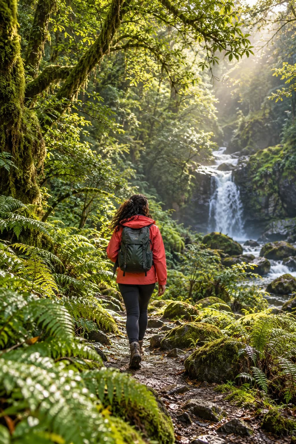 A walker in a coral rain shell following a fern-lined forest trail towards a waterfall