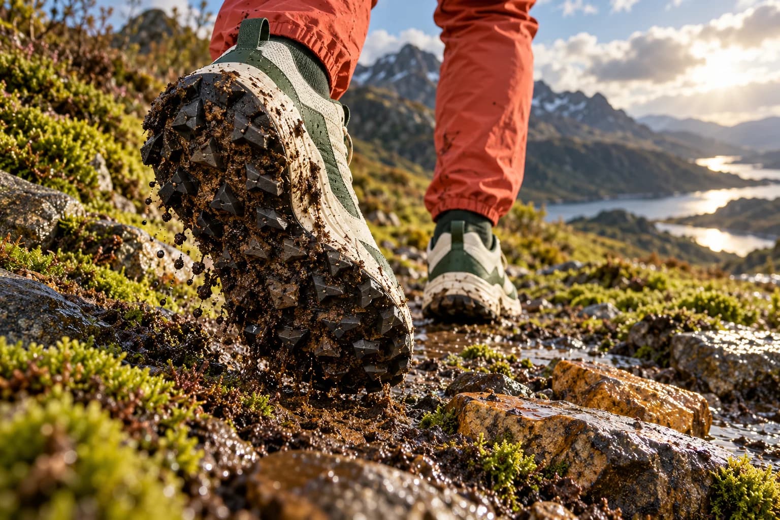 Traction lugs on a trail running shoe above wet, muddy ground