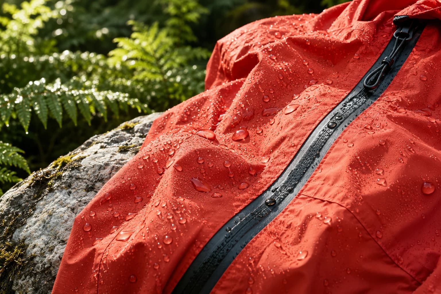 Raindrops beading on a coral rain shell beside its zipper and taped seam