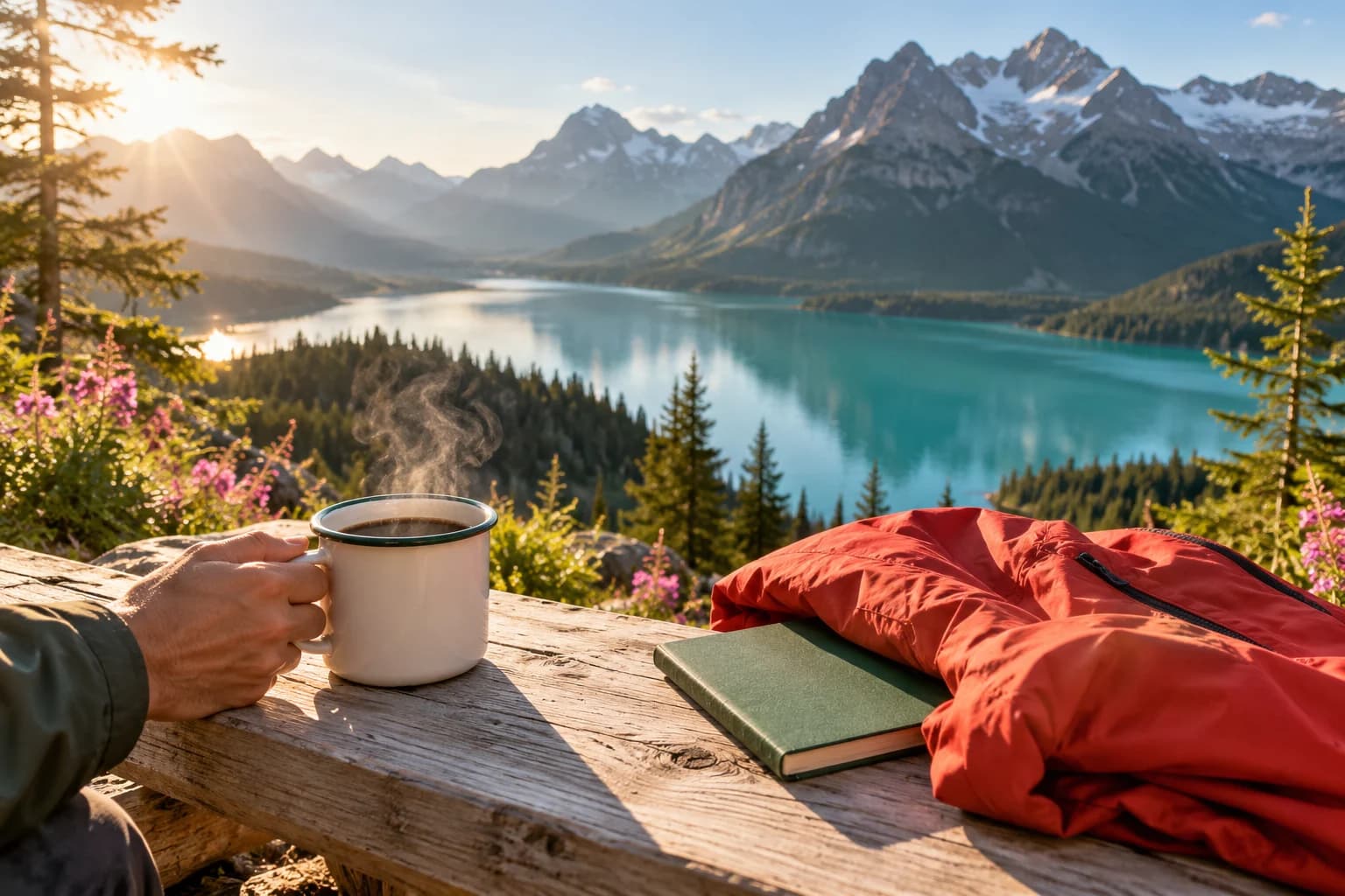 A steaming enamel coffee mug and green trail journal beside a sunlit mountain lake