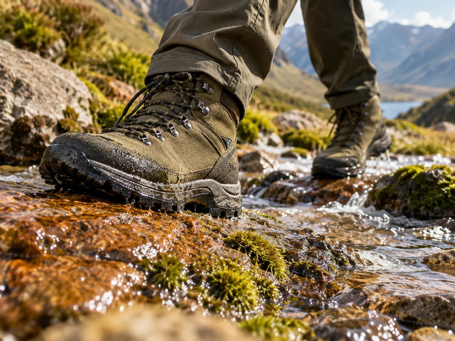 Olive hiking boots finding grip on wet rock beside a clear Highland stream