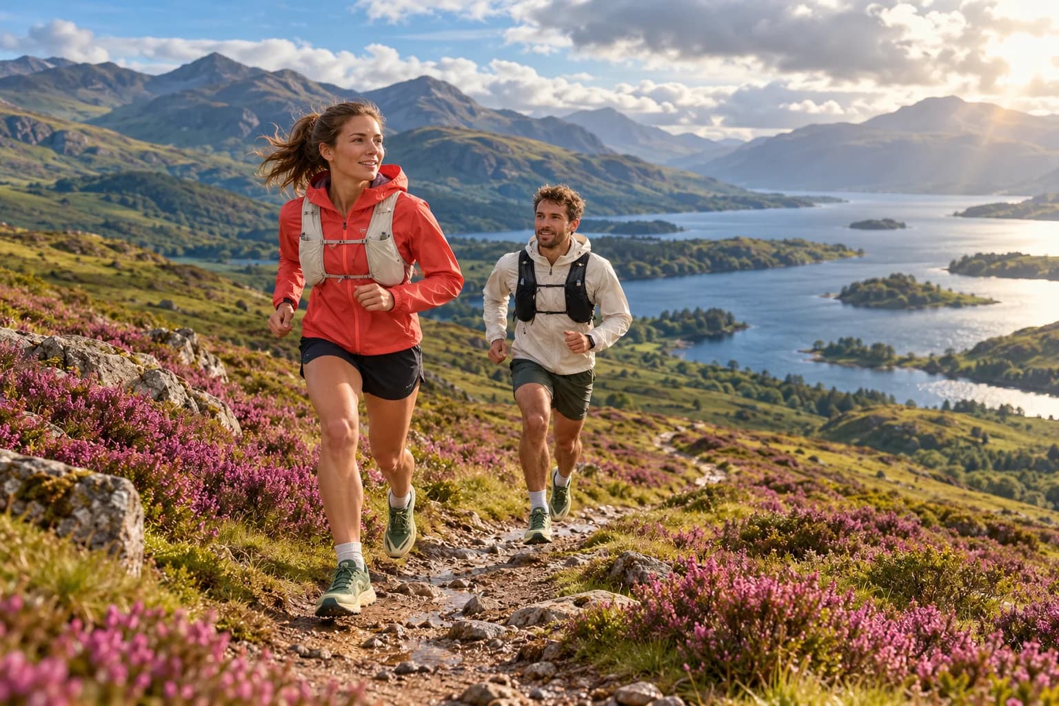 Trail runners following a path through green hills above a Highland loch