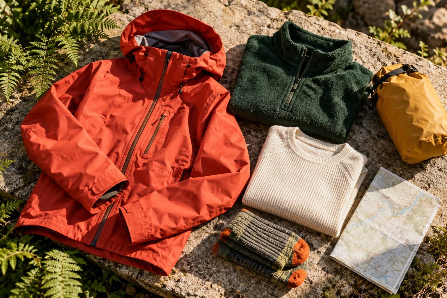 A coral shell, green fleece, cream base layer, and ochre dry bag arranged on sunlit stone