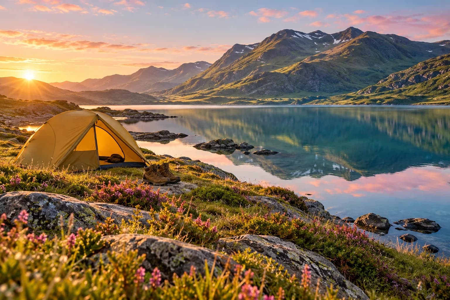 An ochre tent and walking boots beside a still Highland loch at sunrise