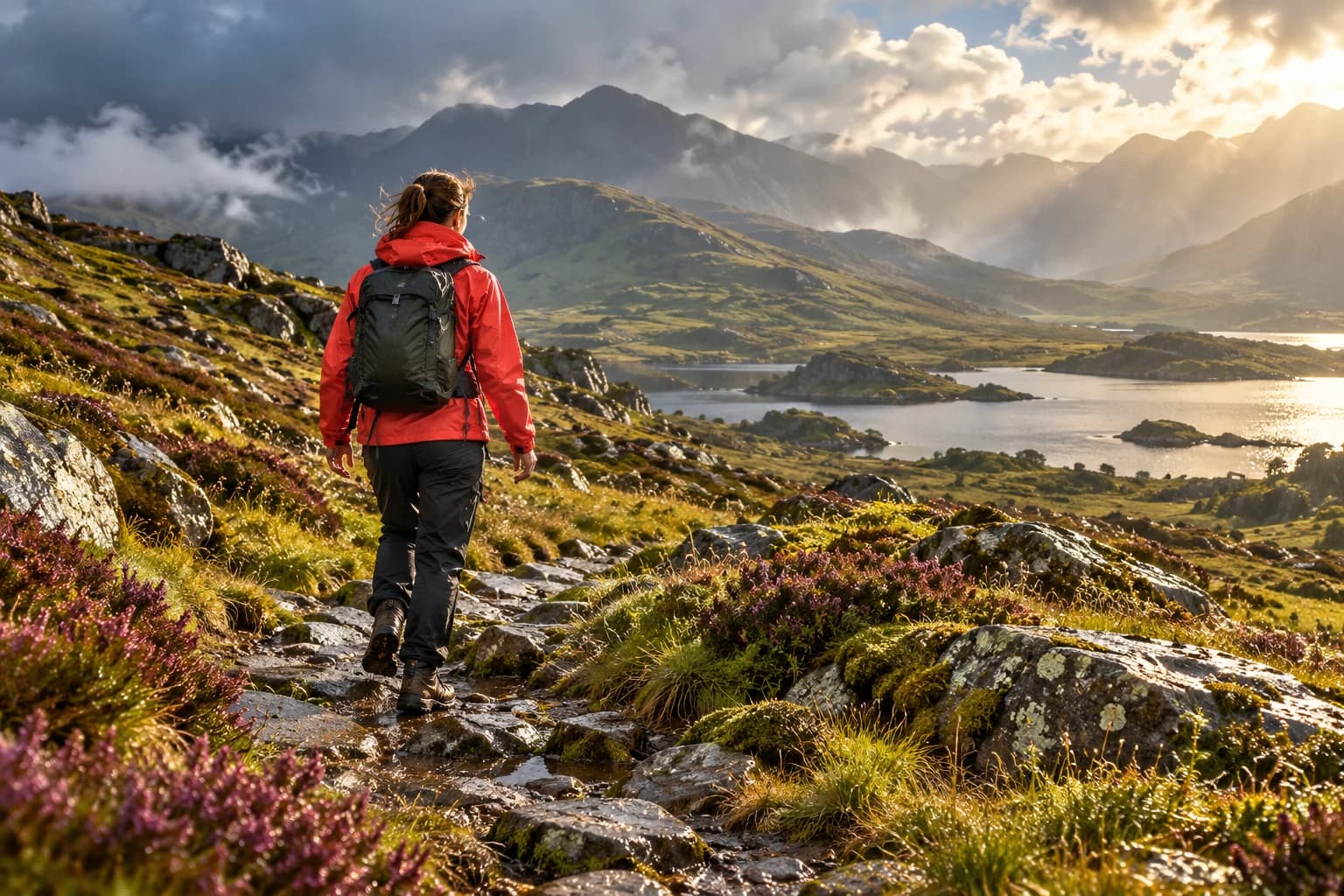 A walker in a waterproof jacket on a rain-soaked mountain path
