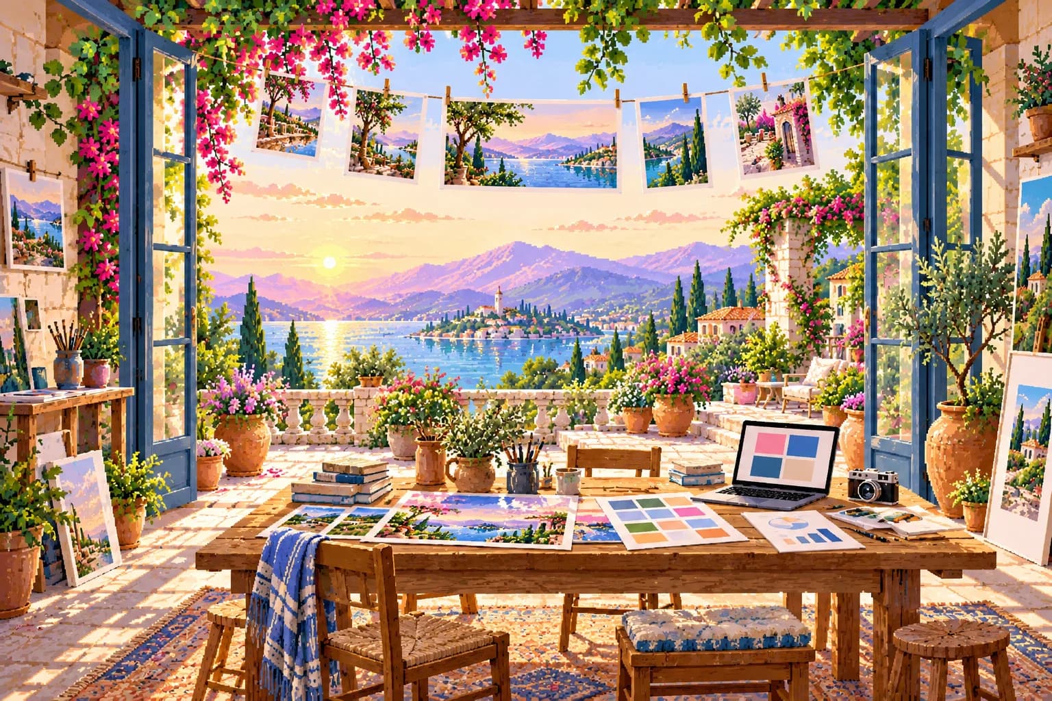 A sunlit pixel-art creative studio, with campaign prints, a camera, and a worktable overlooking a lake