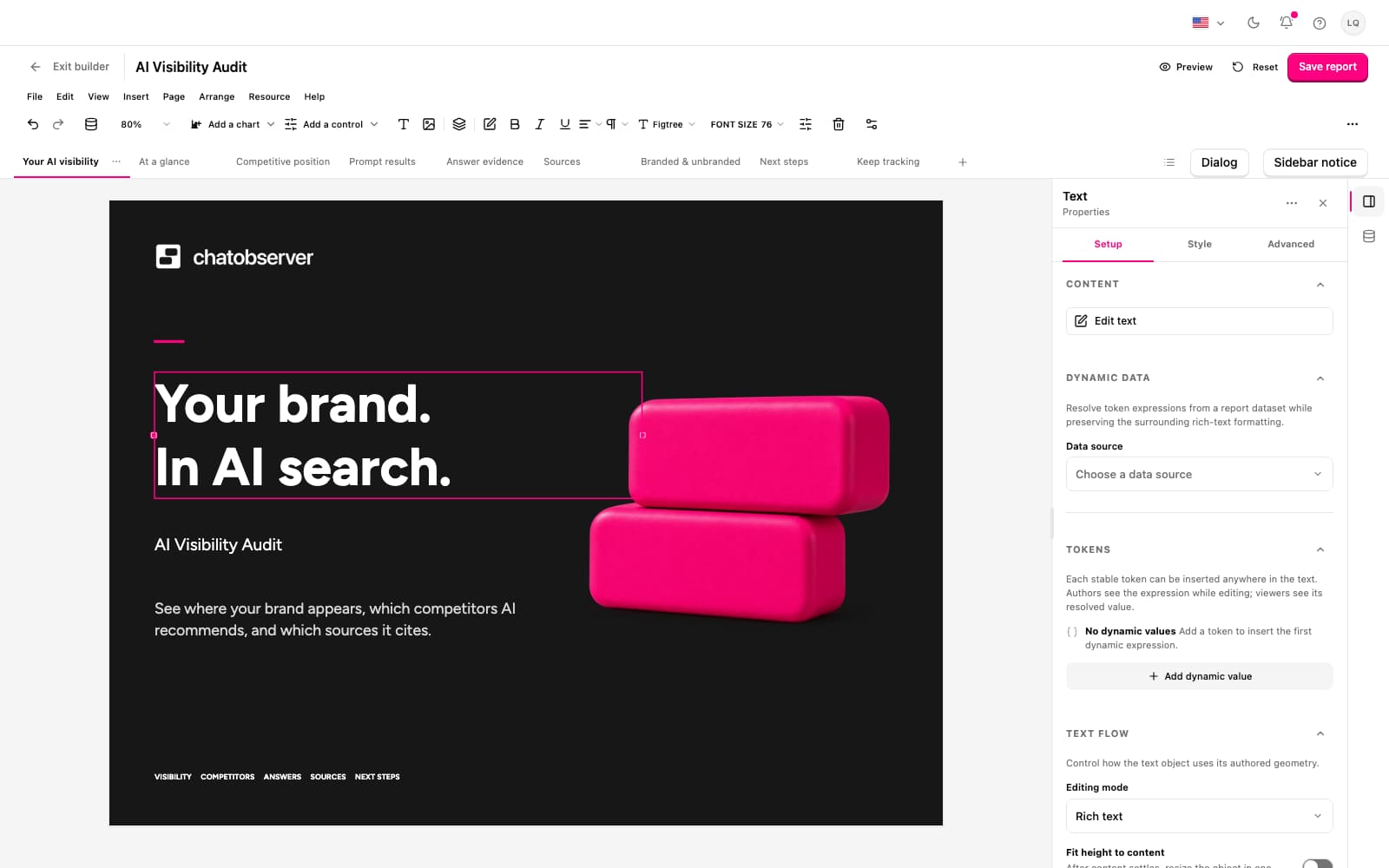 Chatobserver report builder with a branded report page, editable layout, and source panels