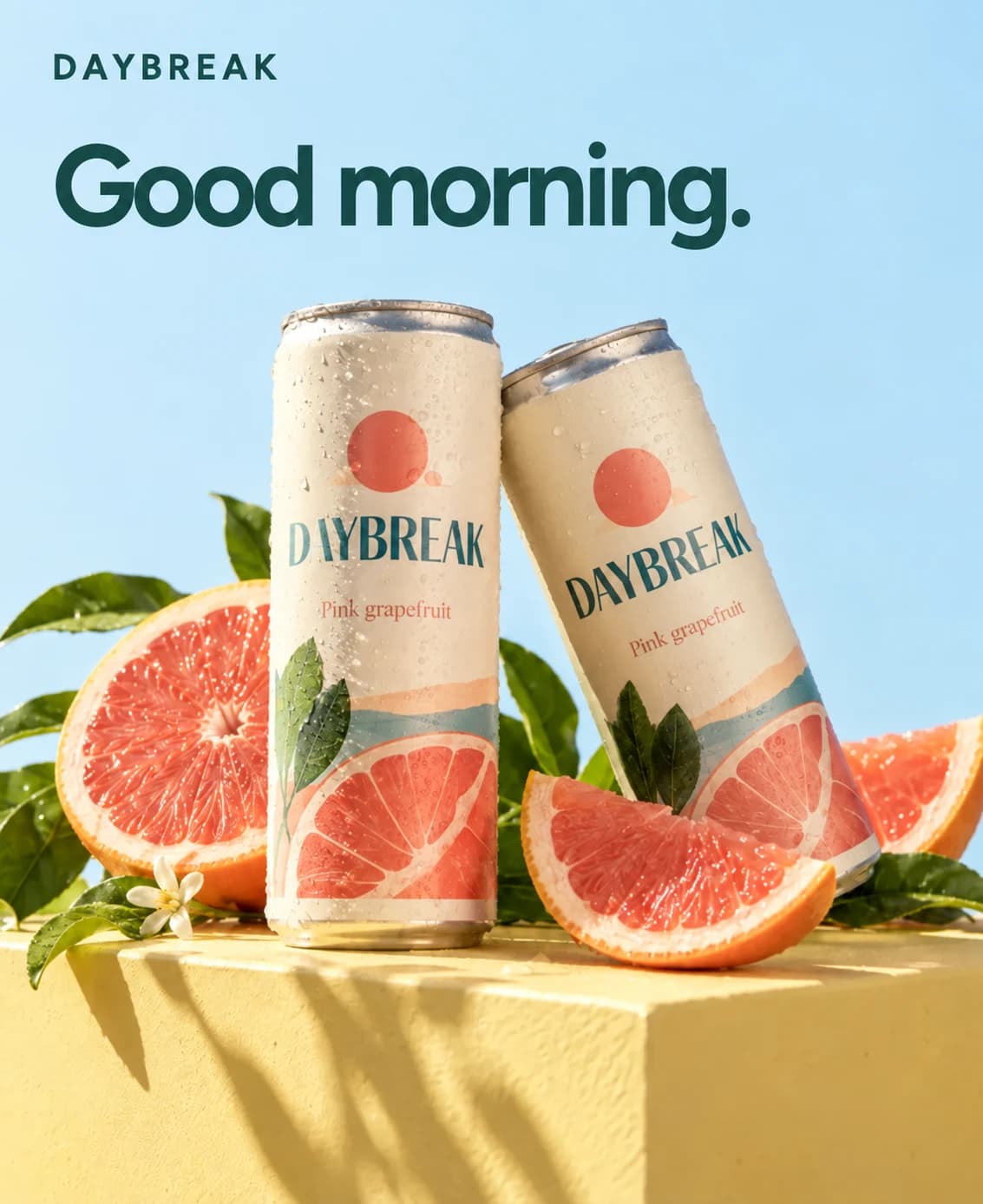 Daybreak pink grapefruit cans with fresh citrus in morning sunlight.